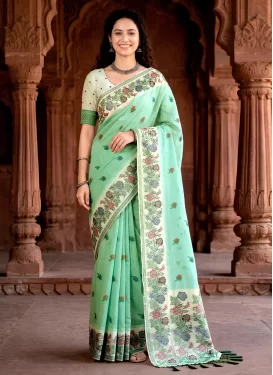 Woven Work Cotton Silk Traditional Saree in Beige and Turquoise for Festival