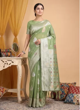 Woven Work Cotton Silk Traditional Saree in Mint Green for Women