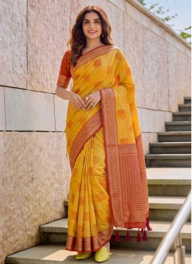 Woven Work Cotton Silk Traditional Saree in Mustard and Orange for Women