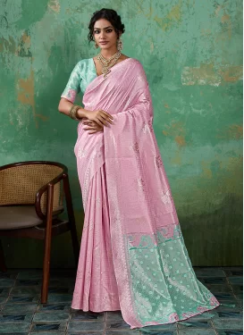 Woven Work Cotton Silk Traditional Saree in Pink and Turquoise for Women