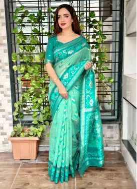 Woven Work Cotton Silk Traditional Saree in Sea Green and Teal for Women