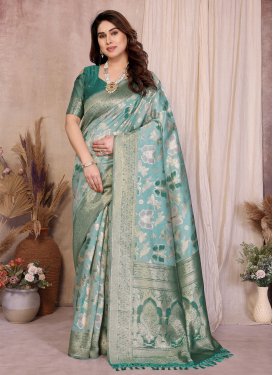Woven Work Cotton Silk Traditional Saree in Turquoise for Women