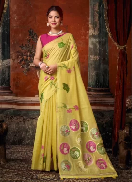 Woven Work Cotton Silk Traditional Saree in Yellow for Women