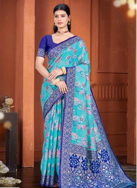 Woven Work Cotton Silk Trendy Saree in Blue and Firozi for Women