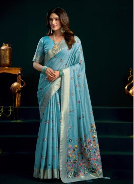 Woven Work Cotton Silk Trendy Saree in Light Blue for Women
