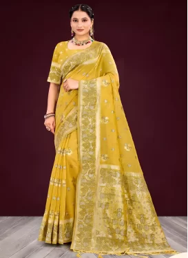 Woven Work Cotton Silk Trendy Saree in Mustard for Women
