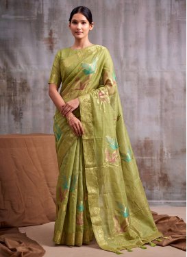 Woven Work Cotton Silk Trendy Saree in Olive for Ceremonial