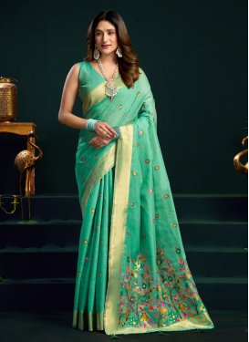Woven Work Cotton Silk Trendy Saree in Turquoise for Women