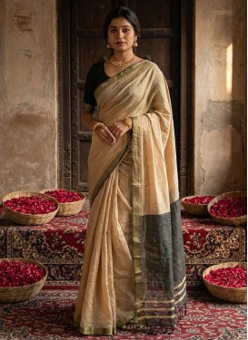 Woven Work Cotton Traditional Saree in Beige and Black for Women