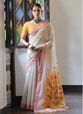 Woven Work Cotton Traditional Saree in Beige and Mustard for Ceremonial