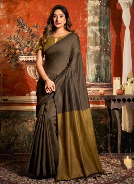 Woven Work Cotton Traditional Saree in Brown and Mustard for Women