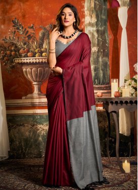 Woven Work Cotton Traditional Saree in Grey and Red for Festival