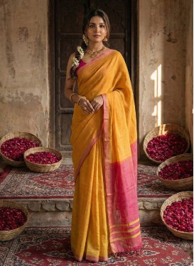 Woven Work Cotton Traditional Saree in Hot Pink and Mustard for Women