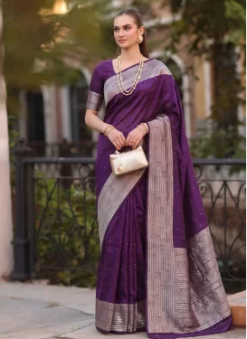 Woven Work Cotton Traditional Saree in Purple for Casual