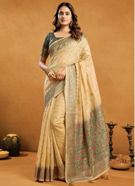 Woven Work Cotton Trendy Saree in Cream and Green for Women