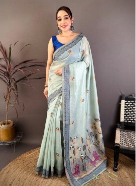 Woven Work Cotton Trendy Saree in Firozi for Women