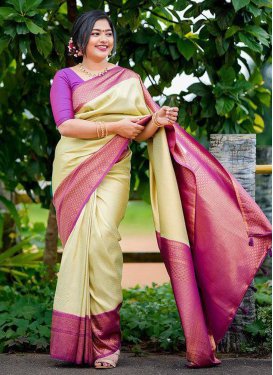 Woven Work Cream and Magenta Designer Contemporary Style Saree