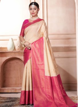 Woven Work Cream and Rose Pink Designer Traditional Saree