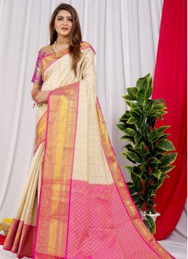 Woven Work Cream and Rose Pink Traditional Designer Saree