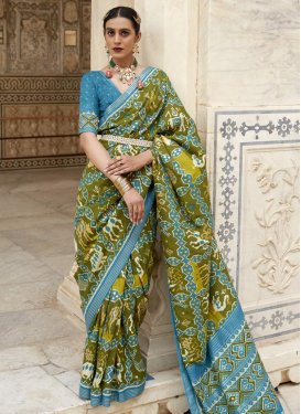 Firozi and Olive Patola Silk Designer Contemporary Style Saree