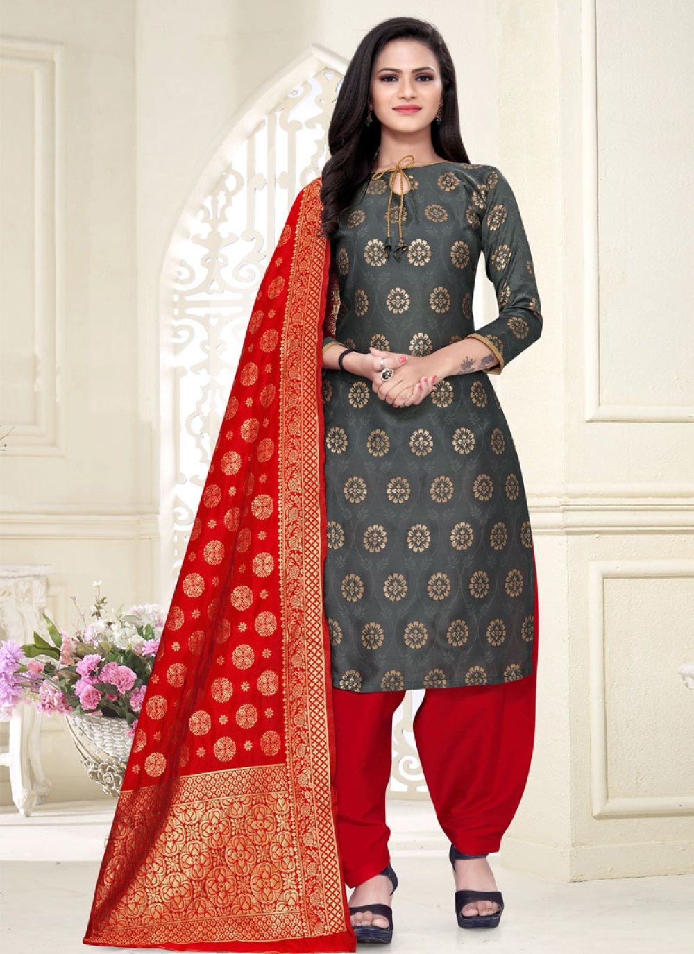 Buy Unstitched Cotton Satin Party Wear Salwar Suit Material – Stilento