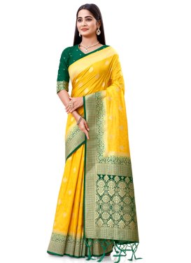 Woven Work Dola Silk Bottle Green and Yellow Designer Traditional Saree
