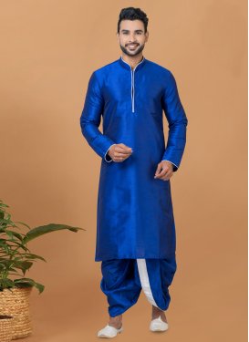 Woven Work Dupion Silk Dhoti Kurta in Blue for Men
