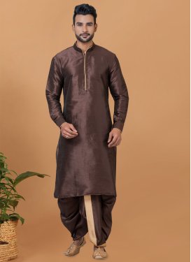 Woven Work Dupion Silk Dhoti Kurta in Coffee Brown for Festival