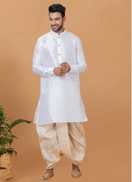 Woven Work Dupion Silk Dhoti Kurta in Cream and White for Ceremonial