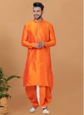 Woven Work Dupion Silk Dhoti Kurta in Orange for Ceremonial