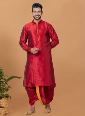 Woven Work Dupion Silk Dhoti Kurta in Red for Men