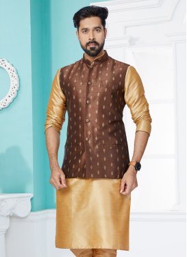 Woven Work Dupion Silk Nehru Jacket in Brown for Festival