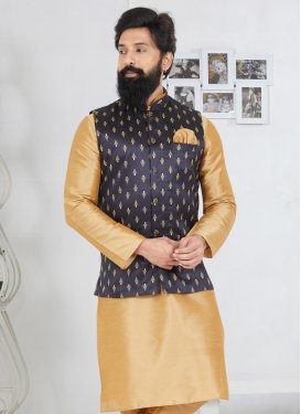 Woven Work Dupion Silk Nehru Jacket in Navy Blue for Men