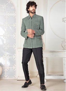 Woven Work Fancy Fabric Jodhpuri Suit in Black and Sea Green for Men