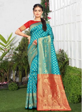 Woven Work Firozi and Red Designer Traditional Saree