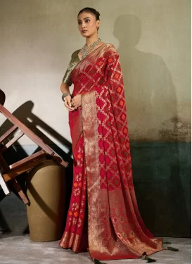 Woven Work Georgette Traditional Saree in Red for Women