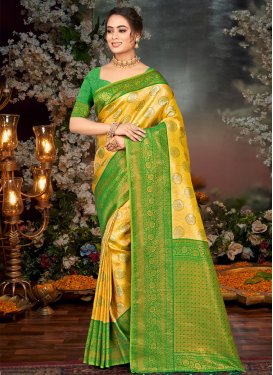 Woven Work Green and Mustard Traditional Designer Saree