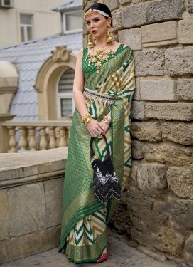 Woven Work Green and Off White Trendy Classic Saree