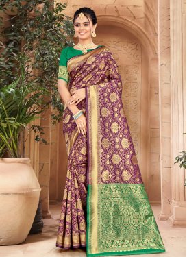 Woven Work Green and Purple Contemporary Style Saree