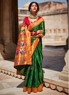 Woven Work Green and Red Designer Contemporary Saree