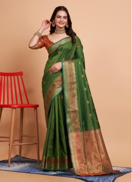 Woven Work Green and Red Designer Contemporary Saree