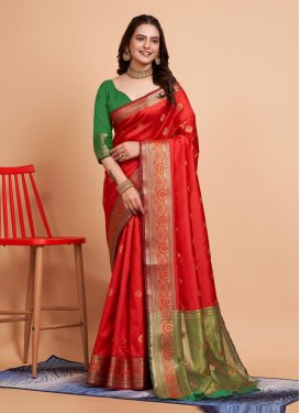 Woven Work Green and Red Traditional Designer Saree