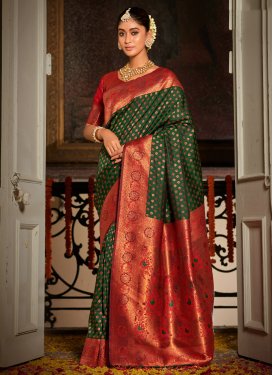 Woven Work Green and Red Trendy Classic Saree