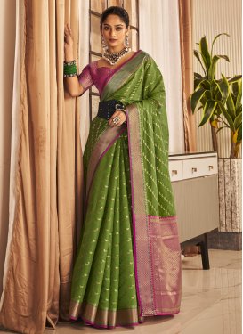 Woven Work Green and Rose Pink Trendy Classic Saree