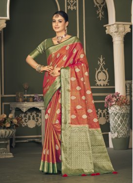 Woven Work Green and Tomato Trendy Classic Saree