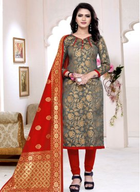 Woven Work Grey and Red Art Silk Trendy Churidar Salwar Kameez