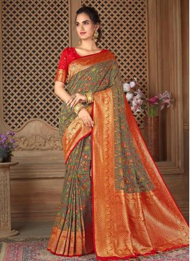 Woven Work Grey and Red Designer Traditional Saree