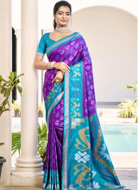 Woven Work Handloom Silk Traditional Saree in Teal and Violet for Women