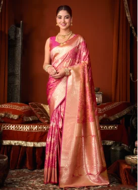 Woven Work Jacquard Silk Classic Saree in Rose Pink for Women