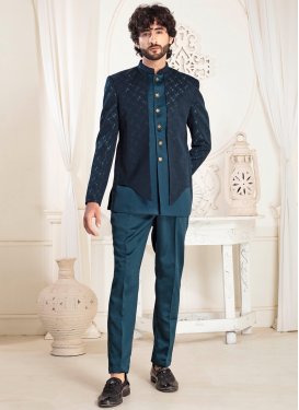 Woven Work Jacquard Silk Jodhpuri Suit in Navy Blue and Teal for Men